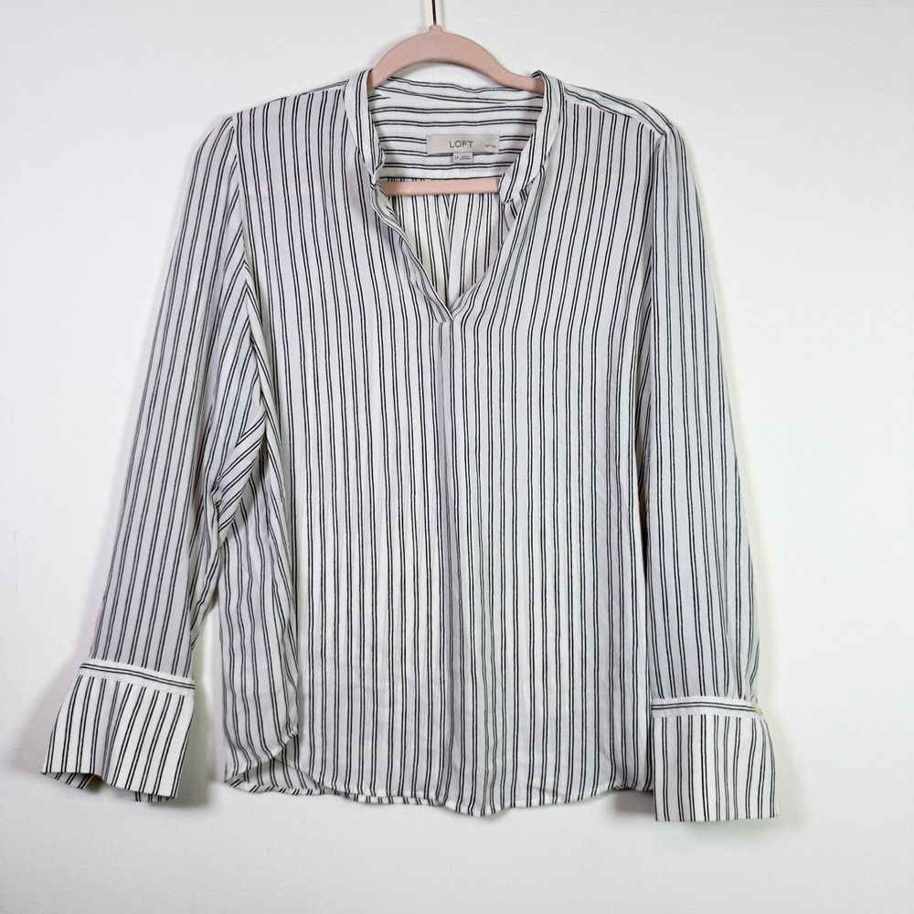 LOFT White Black Striped Split‎ Neck Wide Cuff Blouse Large Petite